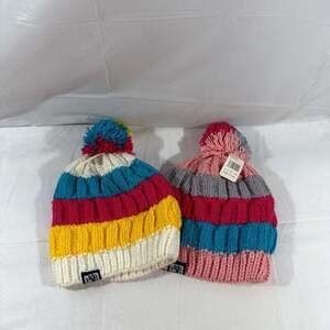Set of 2 Multi-Colored Chunky Knit Beanies with Pom Poms - New with Tags